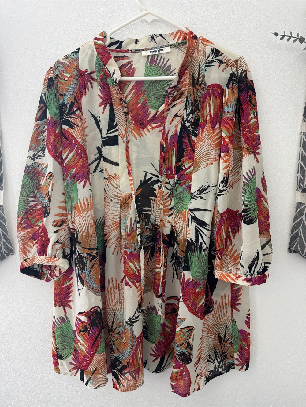 Daniel Rainn Tropical Print Button-Front Top in Cream, Green & Purple
